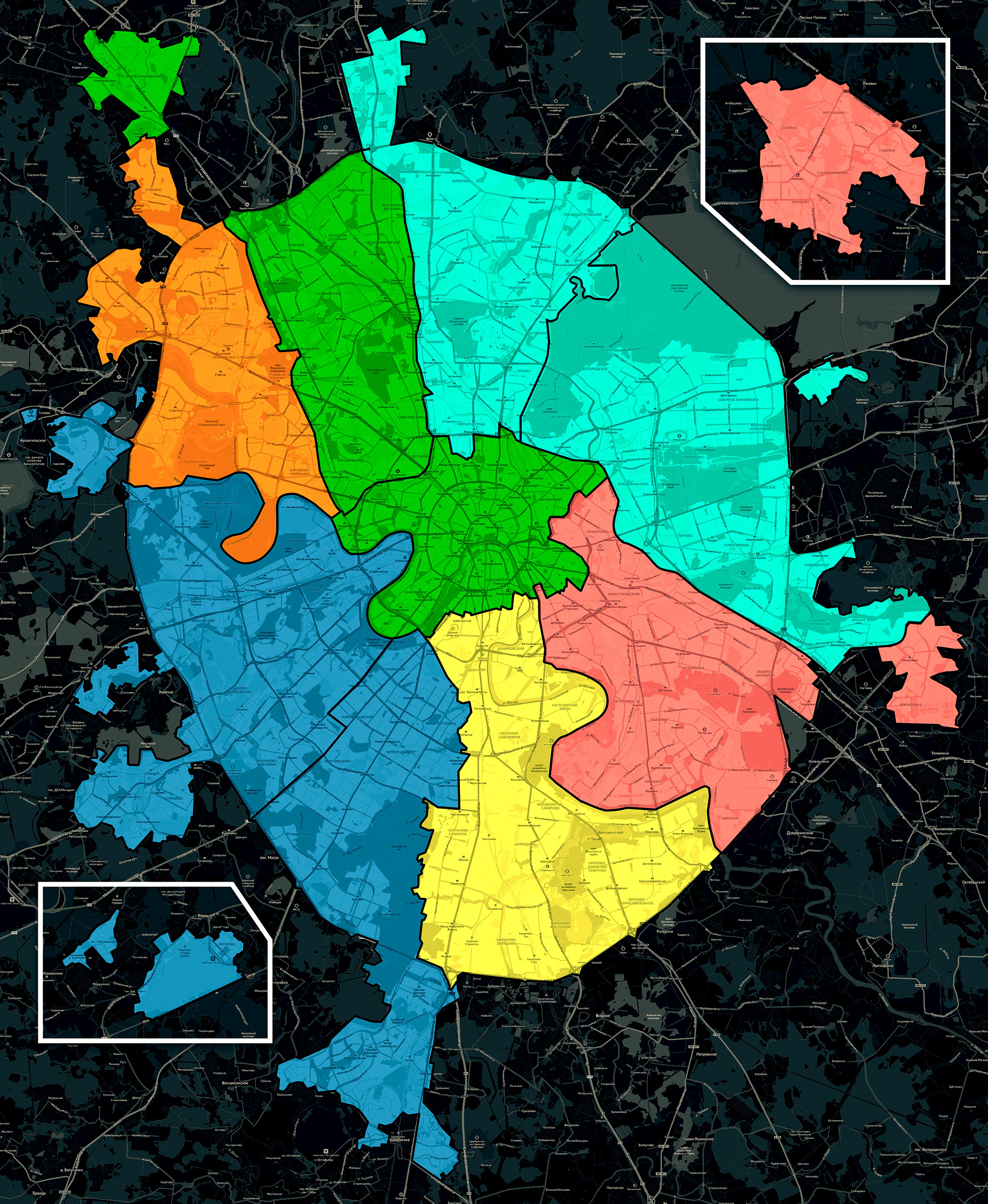 Карта Москвы с выделенными округами